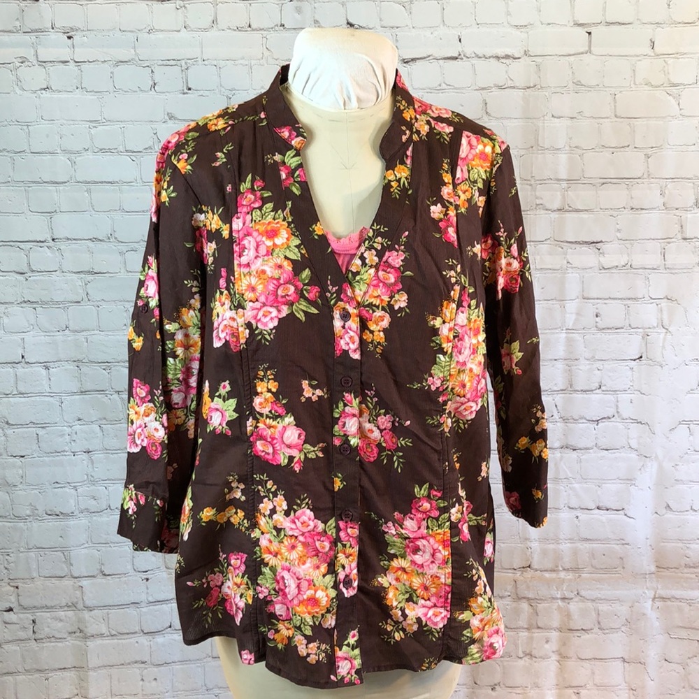 Coral Bay Top Brown Floral Button up Pink Cami Insert XL